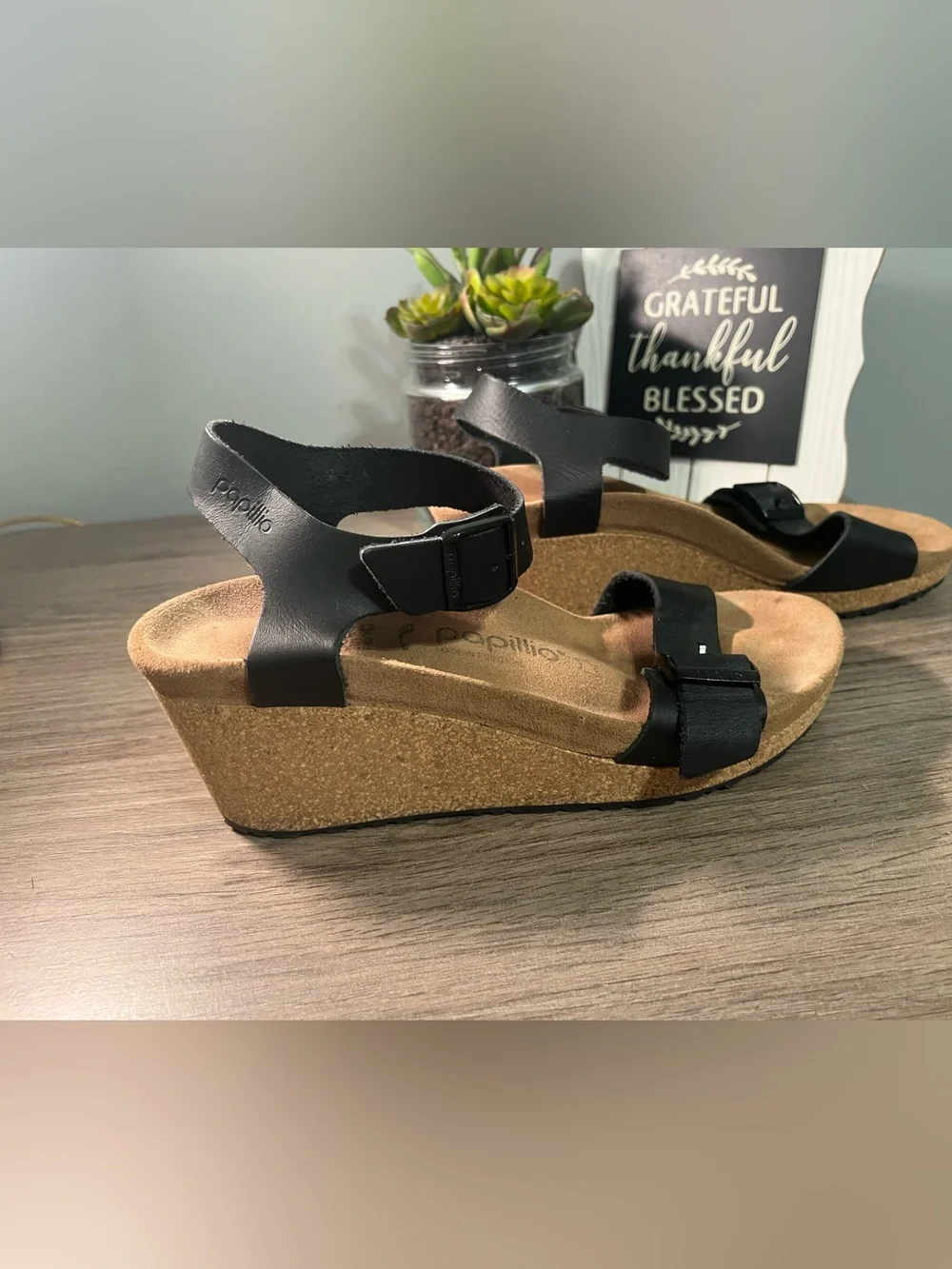 BIRKENSTOCK Papillio Black Leather Wedge Sandals with Buckles SIZE 39 - Picture 11 of 11